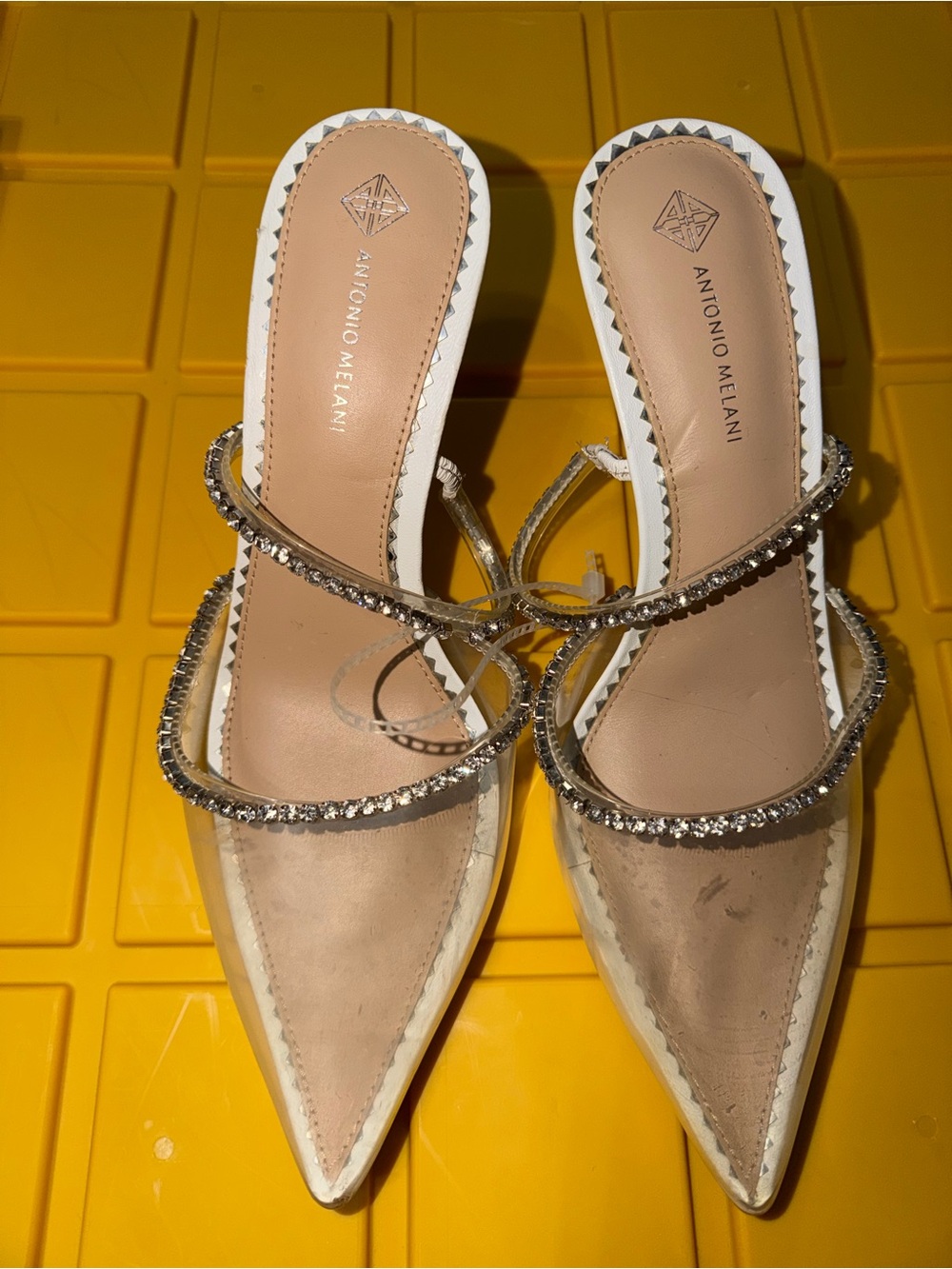 ANTONIO MELANI Nude and White Rhinestone-Strap Pointed Mules